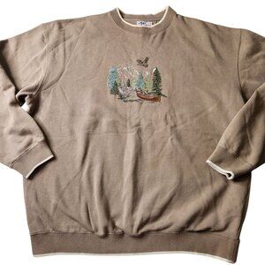 Vintage Embroidery Graphic Nature Fishing Fall Pullover Sweatshirt Tan Size XL